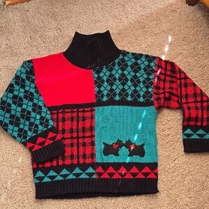 Vintage 1980's Cozy Red and Teal Patterned Kids Size:5/6 Sweater